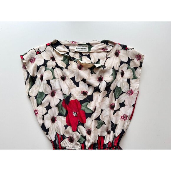 Vintage 80's MIMMINA Ivory Red Floral Striped Beaded Silk Crepe Dress, Size S - Picture 6 of 16